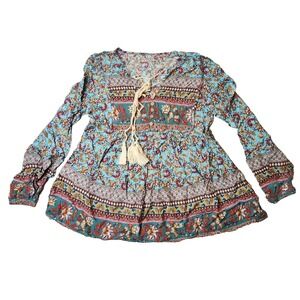Boho Blouse Floral Print V-Neck Long Sleeve Blouse Women Chic Women Blouse Small